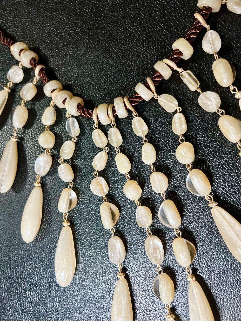 Vintage Cream Glass Bead Fringe Statement Necklace Boho Waterfall Bib - Picture 4 of 5